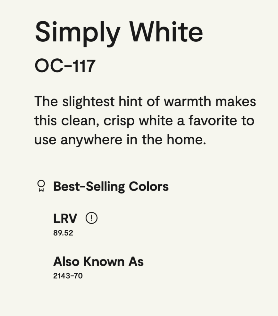 A product description card for Simply White paint, featuring its OC-117 designation, a brief explanation of its qualities, LRV of 89.52, and a note that it's a best-selling color.