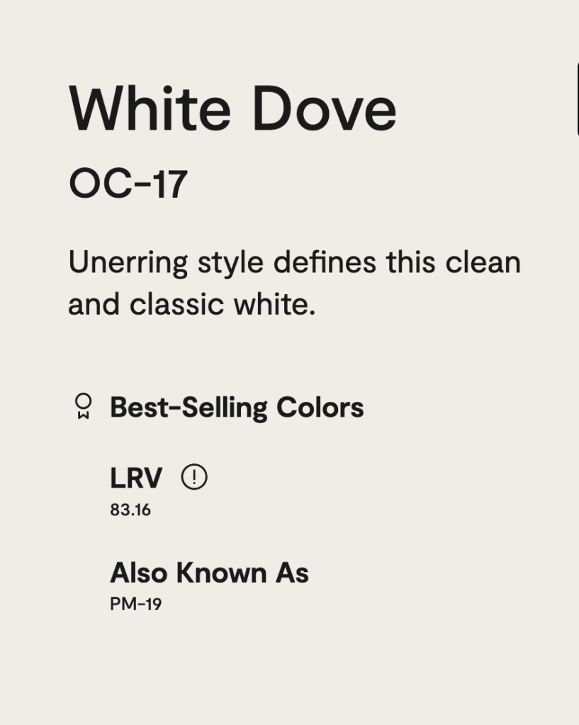 Color sample card displaying 'White Dove' paint from Benjamin Moore, including its LRV and description.